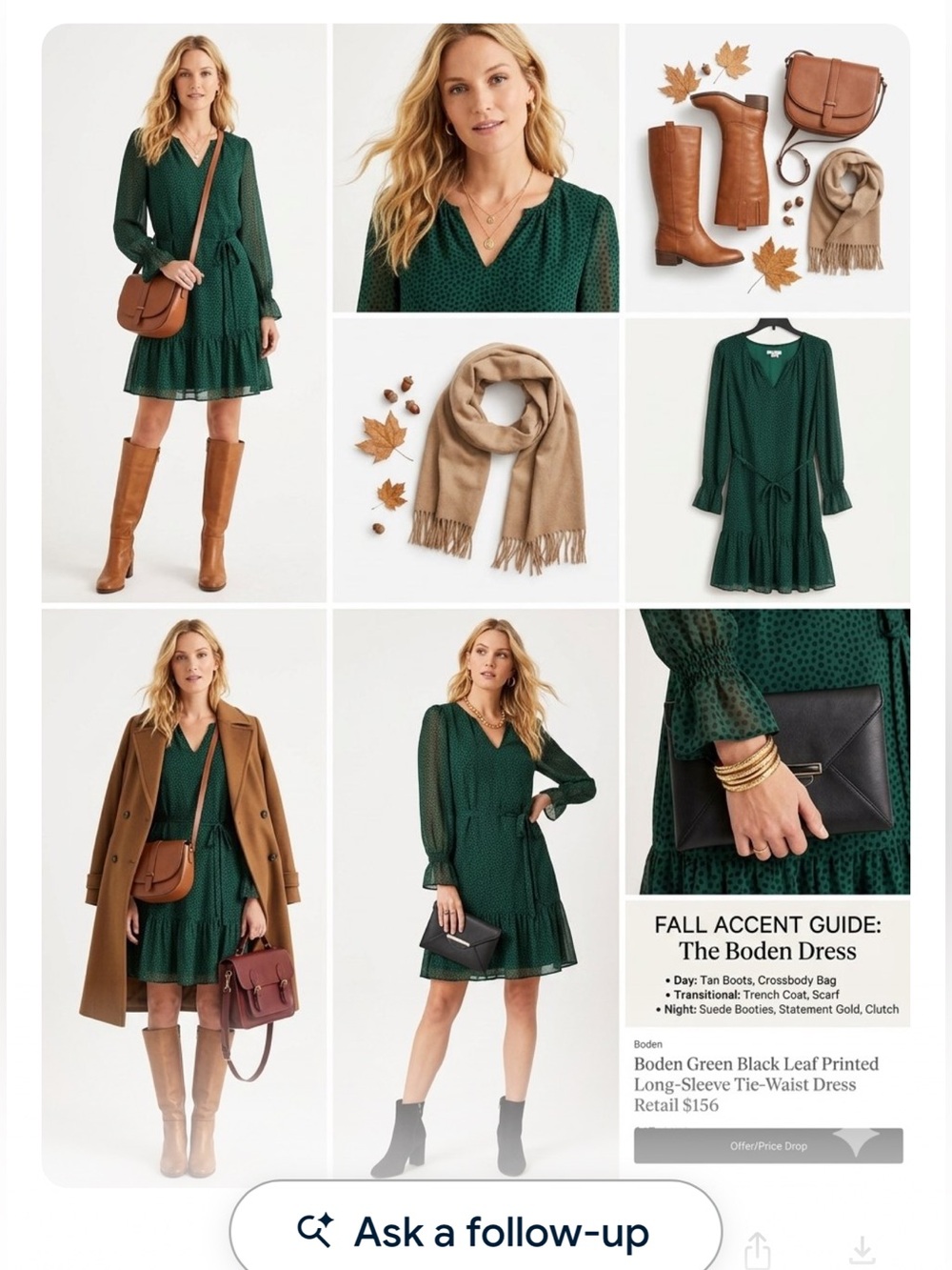 Boden Green Black Leaf Printed Long-Sleeve Tie-Waist Dress Retail $156